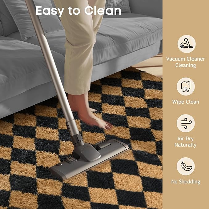 Ophanie Black & Beige Diamond Checkered Rugs for Living Room Bedroom, Large Rhombus Fluffy Soft Fuzzy Area Rugs, Plush Shaggy Bedside Floor 8x10 Carpet for Kids Baby Teen Dorm Home Decor Aesthetic
