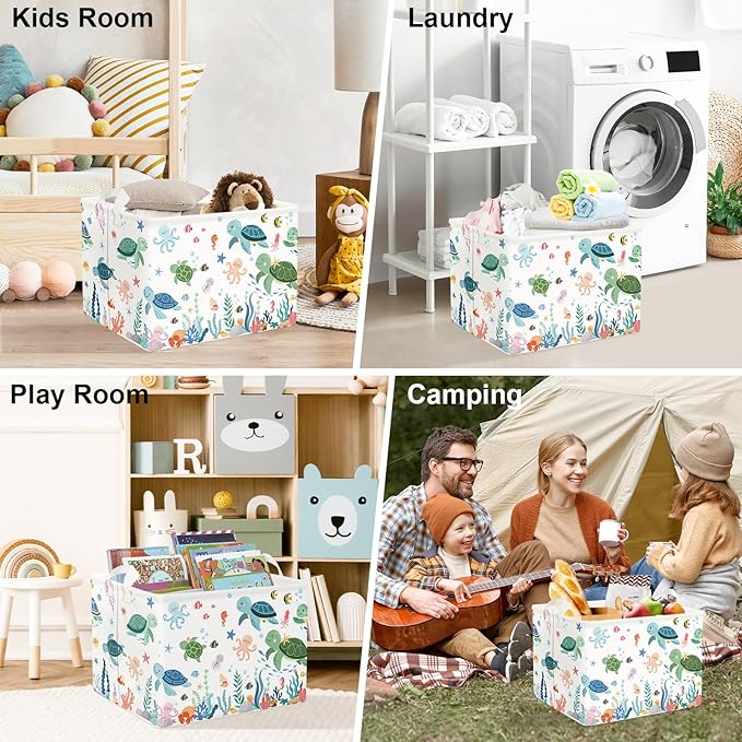 Clastyle Adorable Ocean Animals Kids Book Storage Basket Sea Turtle Clothes Laundry Basket Parents Gift Toy Box for Bedroom Shower, Green Turtle, 40x30x30 cm