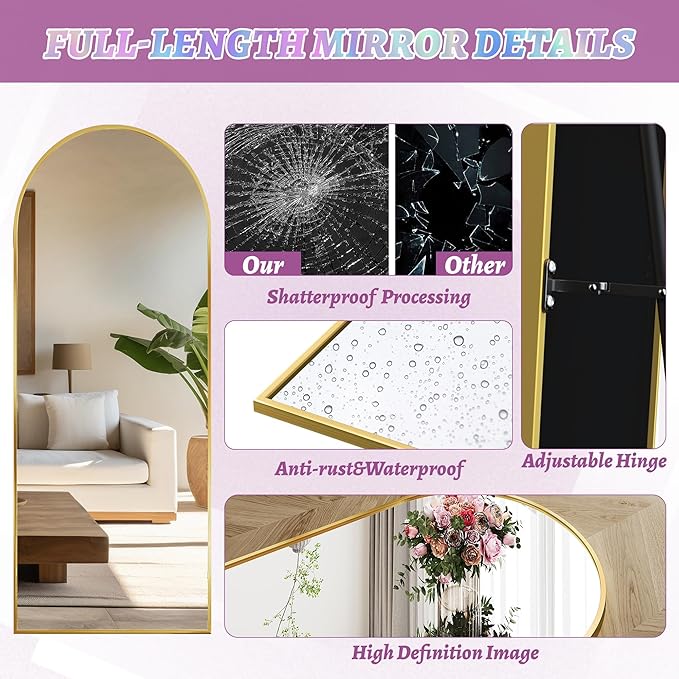 Full Length Mirror, 58"x21" Arched Floor Mirror Freestanding, Floor Standing Full Body Mirror with Stand for Bedroom, Hanging Mounted for Living Room Cloakroom, Gold