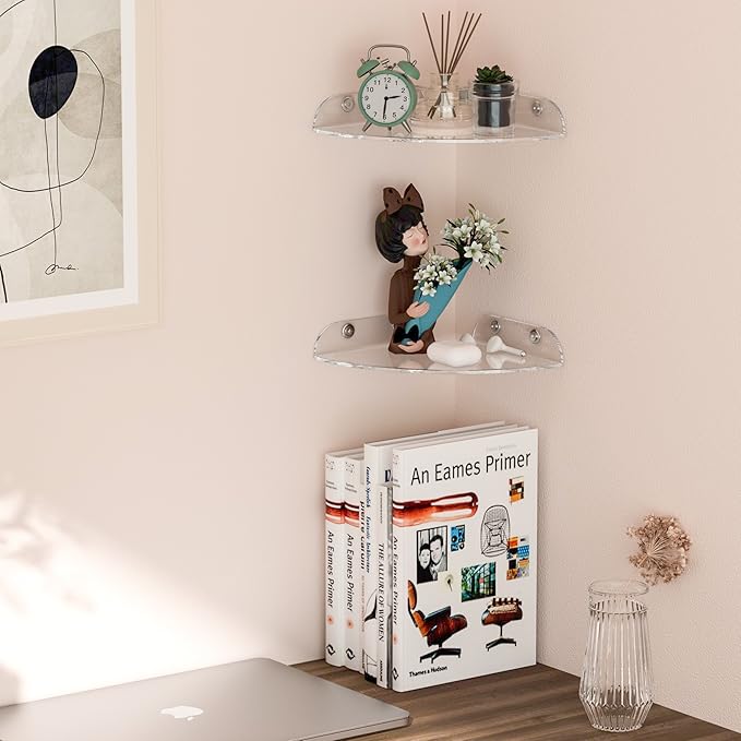 Sezanrpt 7x7 Inch Corner Shelf Wall Mount Set of 2, Acrylic Corner Floating Shelves, Clear Corner Wall Organizer Shelf for Bathroom, Kitchen, Bedroom, Living Room, Dining Room, Office