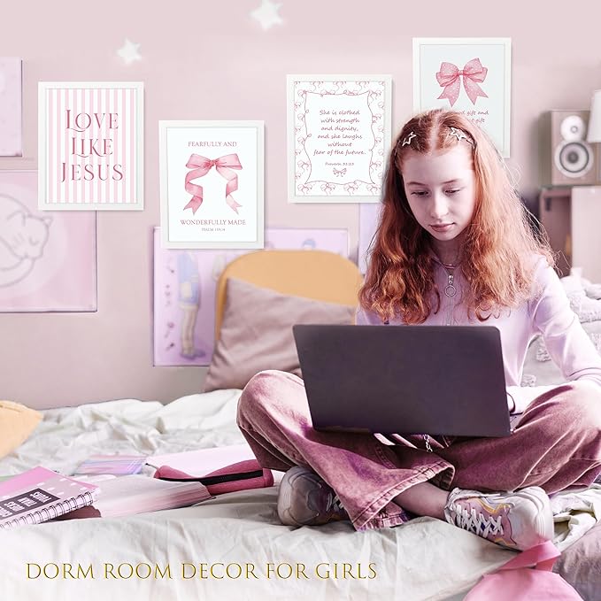 LARTSFRO Coquette Pink Bow Jesus Wall Art Decor Posters, Pink Bow Room Bedroom Bathroom Dorm Wall Art Decor Aesthetic for College Teen Girls Gifts, Inspirational Bible Verses Bow Wall Decor, 10x8 Inch Set of 4 Pcs Bow Pictures (WHITE FRAMED)