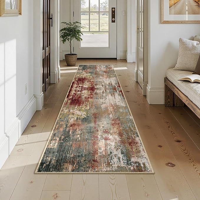 RELEANY Washable Area Rugs 2x9 Non-Slip Modern Abstract Soft for Living Room Entryway Bedroom Nursery, Print Pattern, Brown Rust Red Green Blue Multi