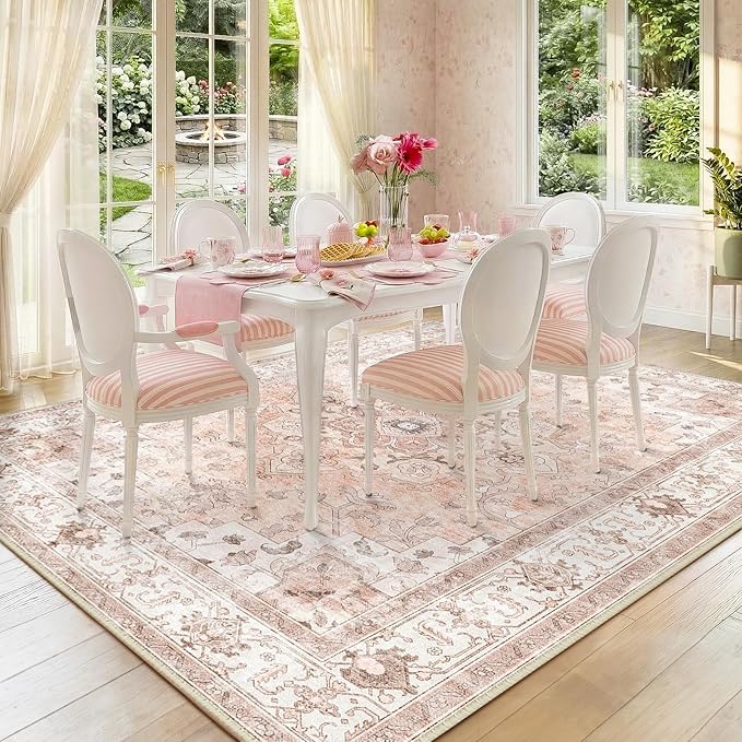 CAPALOCA Machine Washable Rugs Nursery Rug 9x12 Cute Girl Non Slip Low Pile Water Repellent Soft Print Pattern for Bedroom Indoor Decor Kids Playroom Pink