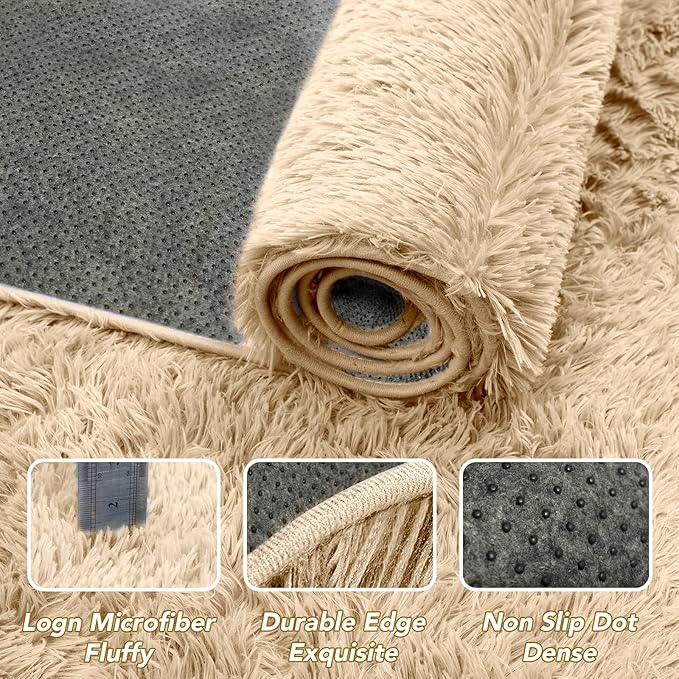 Living Room Area Rugs 7x10: Beige Ultra Fluffy Non-Slip Floor Carpet for Bedroom Living Room Home Office, Soft Shag Rug Home Decor (Beige 7x10 Feet)