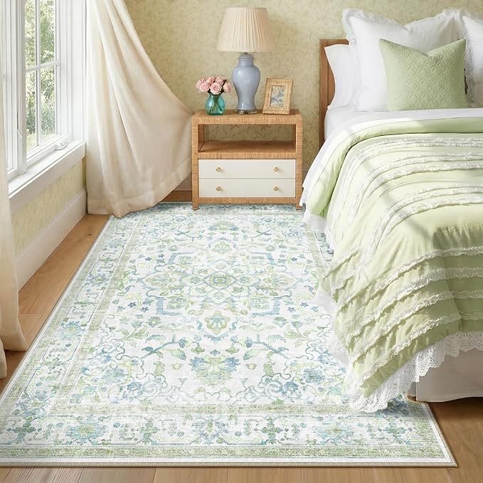 CAPALOCA Machine Washable Rugs Nursery Rug 5x8 Cute Girl Non Slip Low Pile Water Repellent Soft Print Pattern for Bedroom Indoor Decor Kids Playroom Green Blue