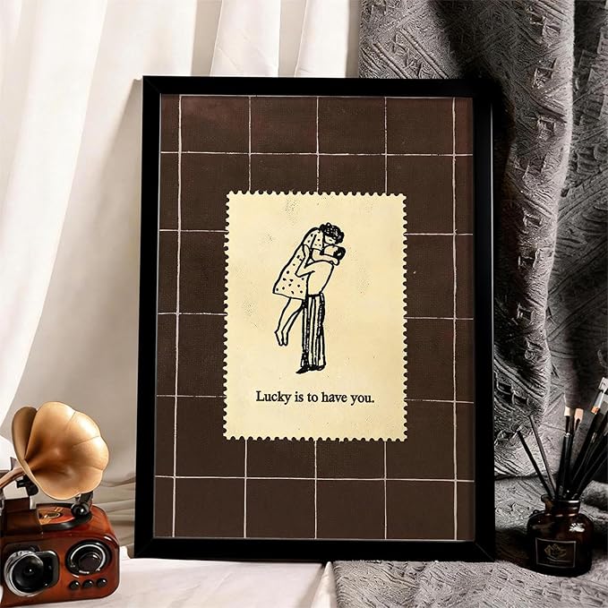 Brown Mid-Century Couples Wall Art Valentine Quotes Lucky Is to Have You Poster 24X36 inch Black Framed Vintage Romantic Anniversary Canvas Prints Modern Love Wall Decor for Bed Living Room