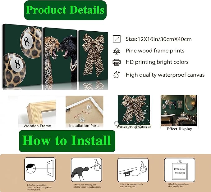3Pcs Trendy Leopard Canvas Wall Art Funky Lucky 8 Ball Pictures Wall Decor Cheetah Bows Preppy Aesthetic Posters Prints Paintings for Bedroom Dorm Living Bathroom Decoration Prepare To Hang