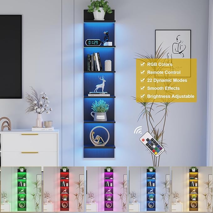 Qupui 6 Tier Wall Shelf Unit with LED Remote Control Light, Floating Storage Home Decor Organizer Shelving for Bedroom Living Room, Black