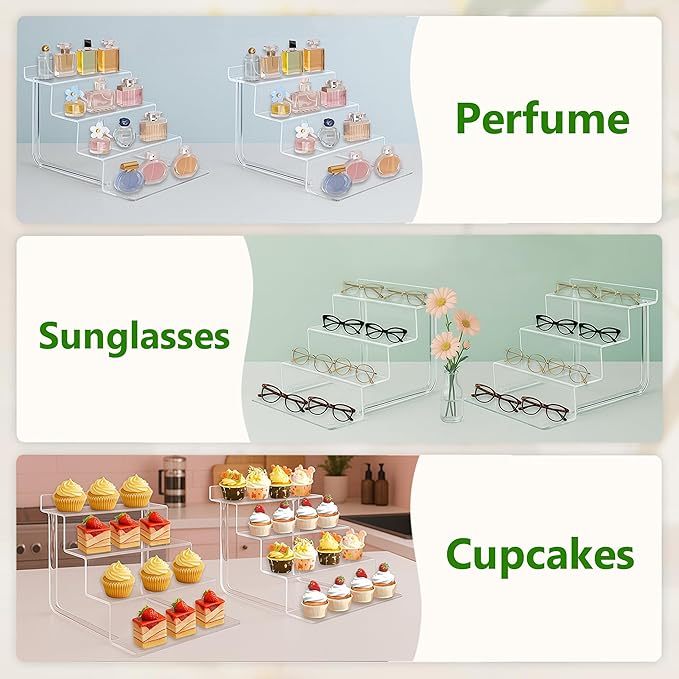 AMT Acrylic Riser Display Stand, 100% Acrylic Clear 4-Tier Organizer for Figures, Cupcake, Perfume, Sunglasses (9 inch x 2.75 inch) 2-pack