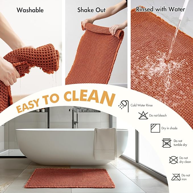 MIULEE Orange Set of 2 Waffle Bathroom Rugs, Boho Bath Rugs Non Slip Washable, Super Absorbent Bath Mats, Ultra Soft Rubber Backed Shower Mats for Bathroom Floor, Tub and Shower, 24x36 Inch