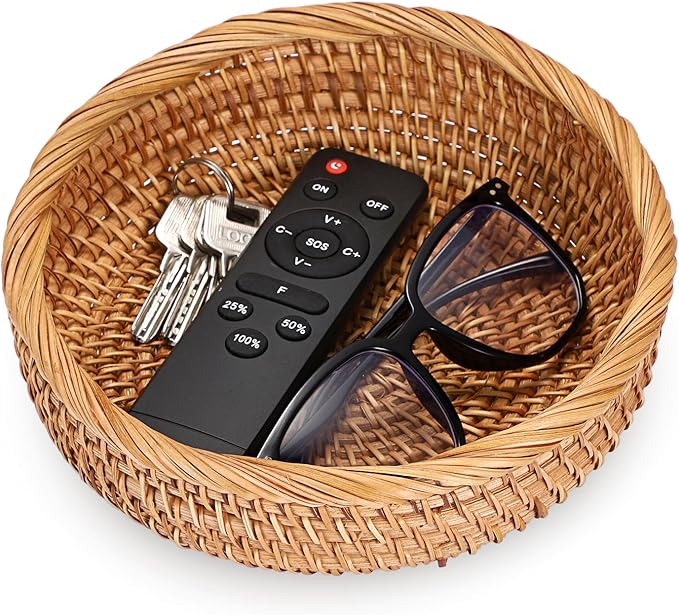 Small Keys Basket for Entryway Table 7.9" Rattan Key Bowl Round Wicker Basket Tray Handwoven Baskets Key Holder for Wallet Remote Candy
