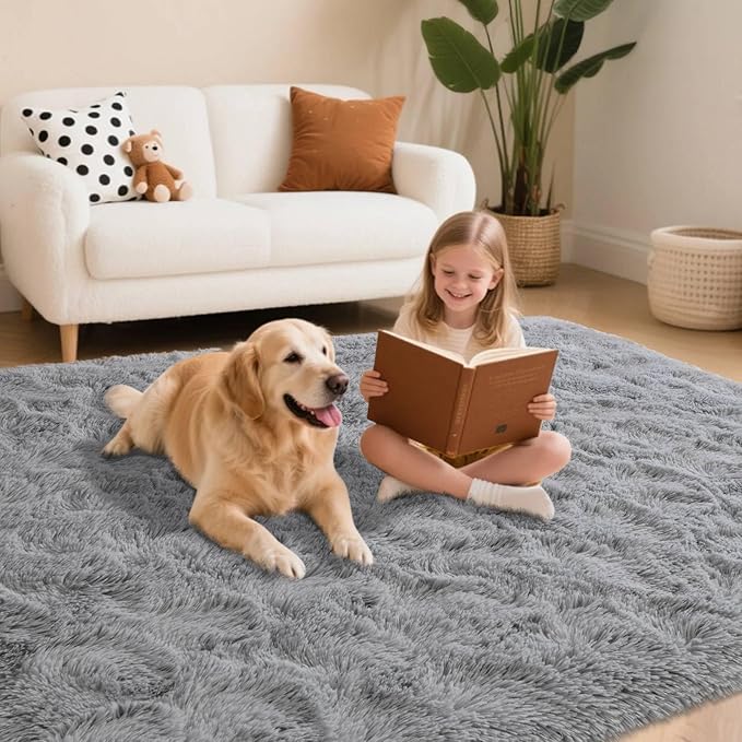 9x12 ft Light Grey Rug for Living Room Fluffy Bedroom Rug Non-Slip Area Rugs Shag Carpet for Nursery Kids Play Room Dorm Office Indoor Modern Plush Carpets Boys