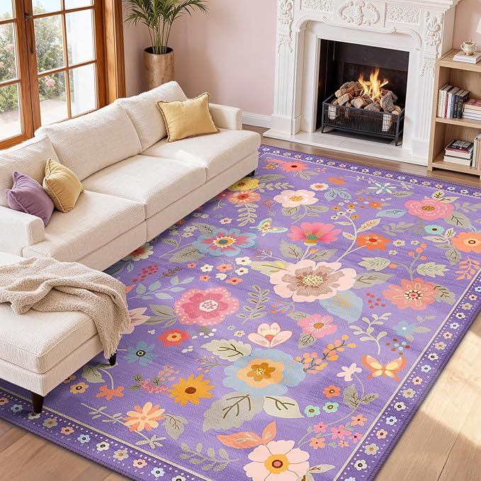 RELEANY Floral Nursery 9x12 Area Rugs Washable Print Boho Cute Carpet Non Slip Flower Low Pile for Living Room Kids Girls Playroom Bedroom Kitchen Office Farmhouse-Purple/Pink/Multi