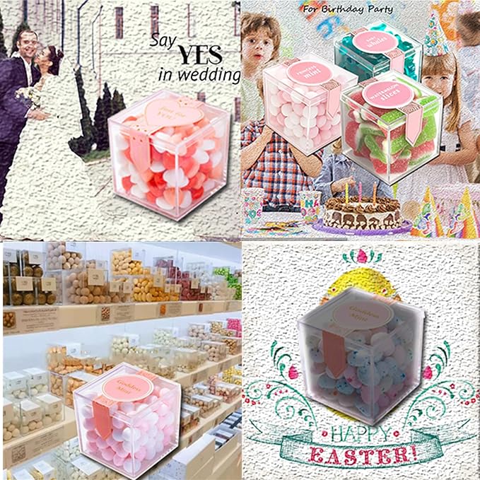 KissYou Acrylic Box with Lid, Clear Boxes for Display 4 Pack Transparent Square Cube Small Storage Boxes for Graduation Wedding Birthday Party Candy Boxes