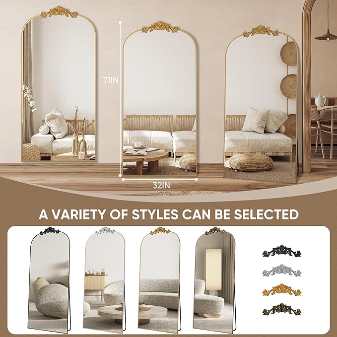 Antok Arched Full Length Mirror, 71"x32" Floor Mirror with Carved, Full Body Mirrors for HomeDecor, Standing/Halling Large Wall Mirror for Bedroom, Living Room, Cloakroom, Gold, Retro Style