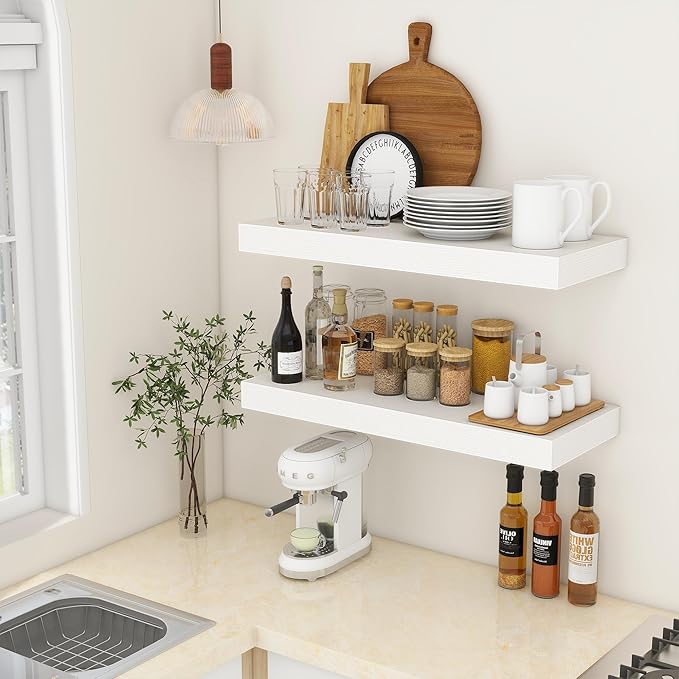 FLYJOE 30 Inch Floating Shelves | 12 Inch Deep White Floating Shelves Set of 2 | 30" W x 12" D Rustic Wood Shelves for Wall | Deep White Shelves for Living Room Bathroom Laundry Room Kitchen