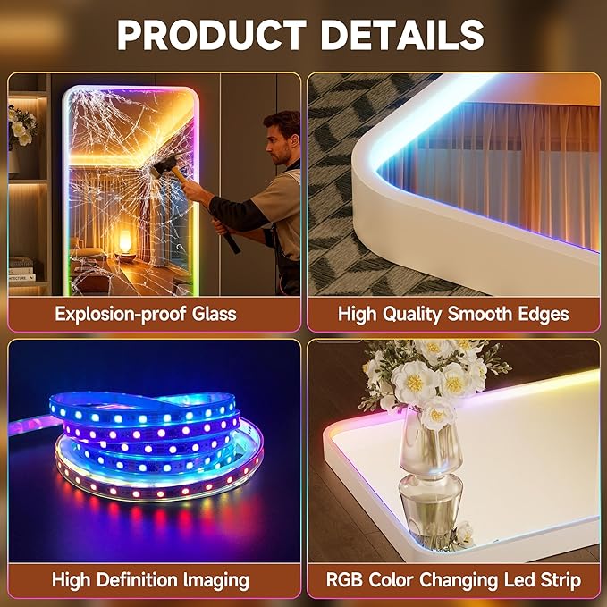 Hasipu 51"x18" LED RGB Door Mirror Full Length with Bluetooth Speaker, Full Body Full Length Over The Door Mirror with Lights, Door Hanging & Wall Mounted Mirror for Bedroom, Living Room, Cloakroom
