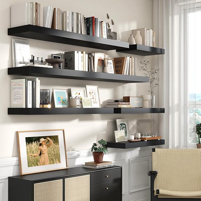 FLYJOE 72 Inch Black Floating Shelf | 12 Inch Deep Floating Shelves Set of 1 | 72" D x 12" D Rustic Wood Shelves for Wall | Deep Black Shelves for Living Room Bathroom Laundry Room Kitchen