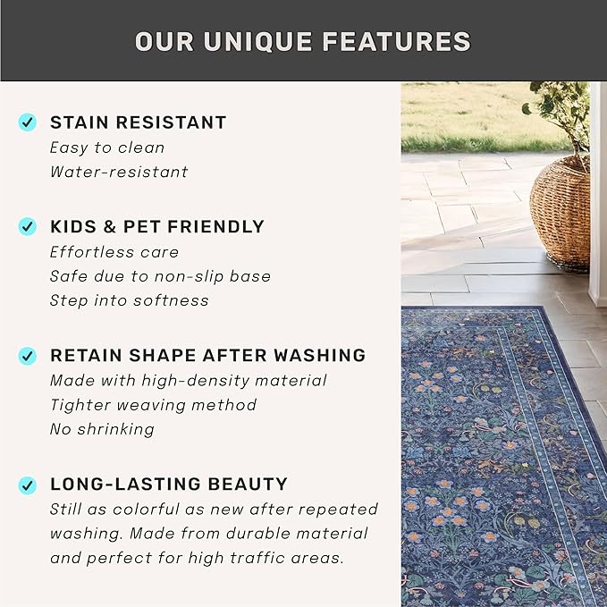 Vintage Dark Blue 3x4 Entryway Rug, Washable Small Area Rugs for Kitchen, Bedroom, Oriental Low Pile Stain Resistant Non-Slip Large Rug