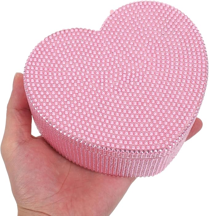 GALPADA Heart Shape Jewelry Box: Plastic Pink Jewelry Storage Organizer with Make Up Mirror Rhinestone Double Layer Headgear Display Tray for Girls