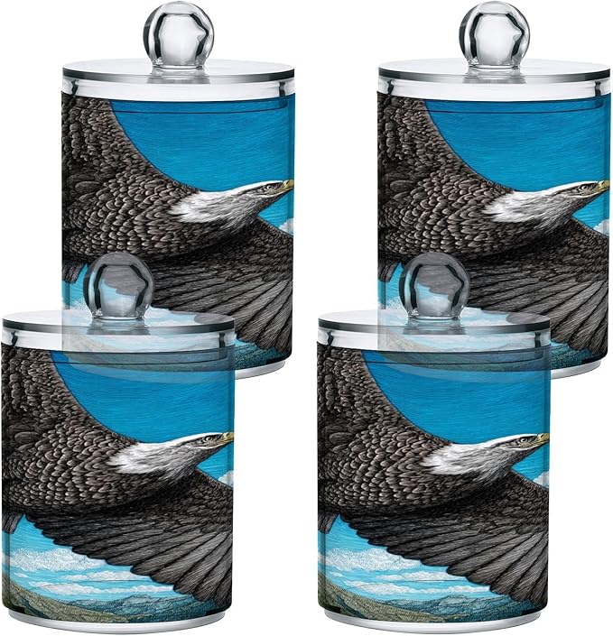 2 Pack Apothecary Jars,Bald Eagle Sky Bathroom Vanity Storage Organizer Set,Small Clear Plastic Storage Jars Bathroom Canister for Cotton Swabs,Rounds,Balls,Qtips,Makeup Sponges