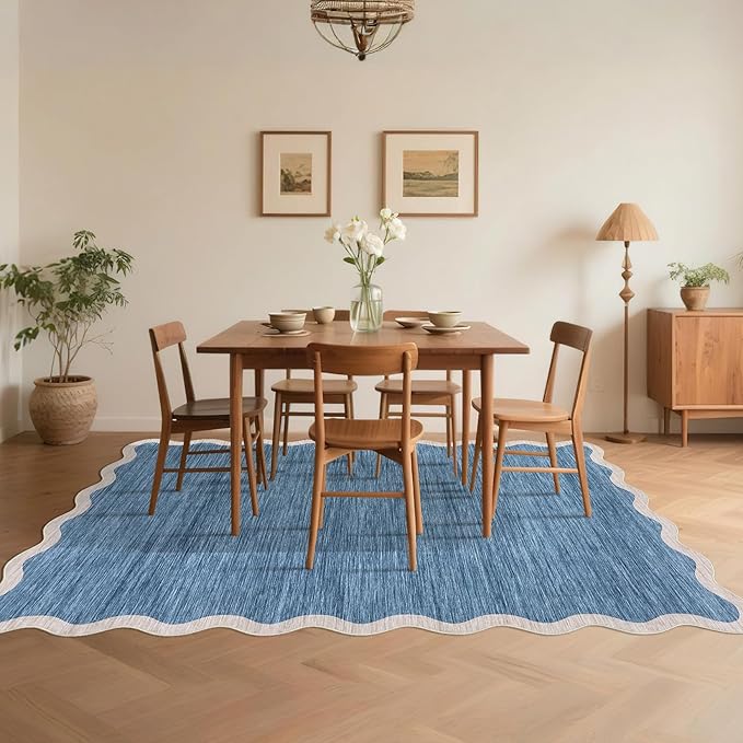GarveeHome Scalloped Washable Area Rugs 9 x 12 Rug for Living Room Modern Non Slip Throw Rugs Blue Rug Large Bedroom Rugs Low Pile Stain Resistant Carpet for Dining Room Nursery 9 ft x12 ft Blue