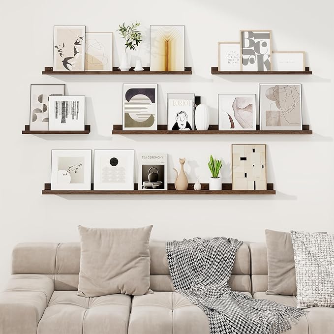 RICHFOCUS Picture Ledge Shelf, 24 inch Floating Shelves Set of 2, Wood Wall Shelves with Lip, Wall Decor Storage for Bedroom Living Room Bathroom Kitchen Nursery Photo Picture, Walnut