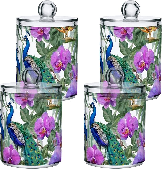 2 Pack Apothecary Jars Purple Flowers Peacocks Bathroom Vanity Storage Organizer Set,Small Clear Plastic Storage Jars Bathroom Canister for Cotton Swabs, Rounds, Balls, Qtips,Makeup Sponges, Fl