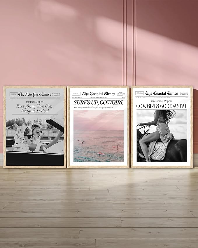iHery Framed Trendy Coastal Cowgirl NewsPaper Wall Art Prints,Beige OAK Wood 12x16in Canvas Wall Decor For Bedroom,New York News,Western Vintage Bar Cart,Dorm Retro Surfing Up Home Décor 1Pack