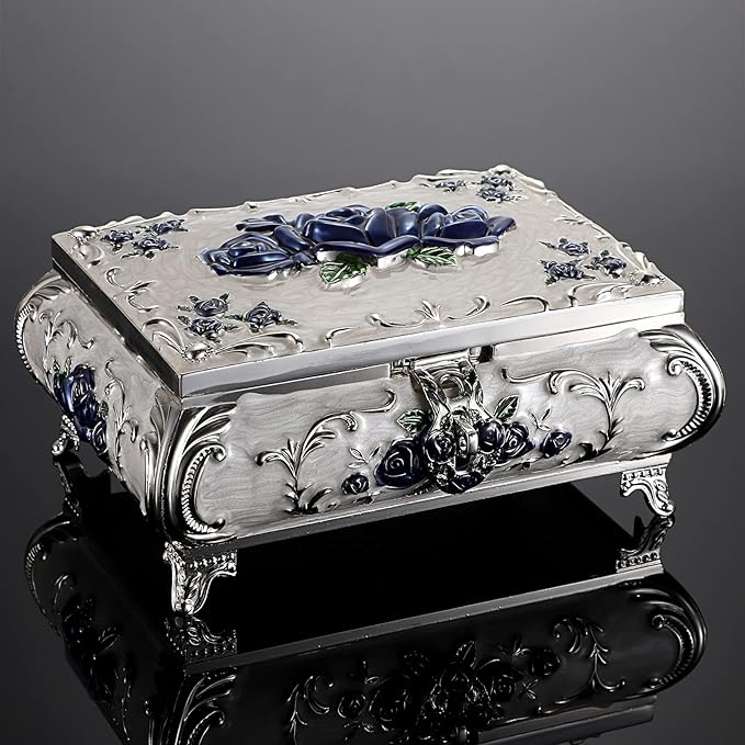 Hipiwe Metal Decorative Jewelry Box Vintage Treasure Chest Case Ornate Trinket Organizer Earrings Necklace Bracelet Storage Box Ring Holder Keepsake Box for Women