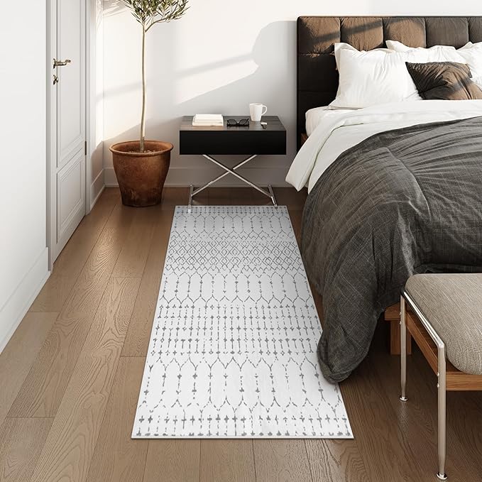 Lahome Moroccan Runner Rug for Hallway - 2x4 Rug Washable Non-Slip Small Carpet Runner Lightweight Throw Rubber Back Bath Carpet, Geometric Print Mat for Kitchen Entryway Bedroom Hana (White, 2'x4')