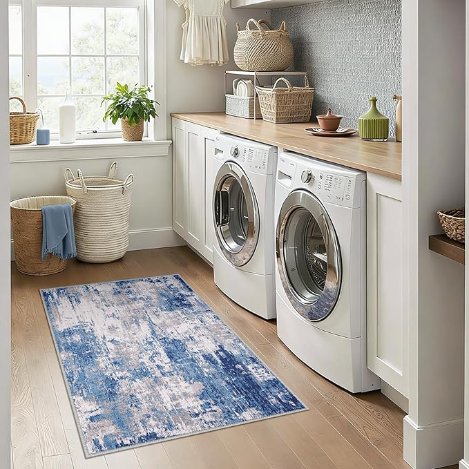 RELEANY Washable Area Rugs 3x4 Non-Slip Modern Abstract Soft for Living Room Entryway Bedroom Nursery, Print Pattern, Blue Grey Navy Gray