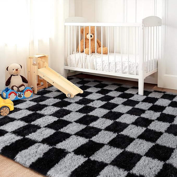 Checkered Rugs for Living Room Bedroom, 5x7 Area Rugs for Living Room, Modern Shaggy Carpets Fuzzy Rug for Boys Girls Dorm Nursery Home Decor Aesthetic, Upgrade Non-Slip Durable, Dark Grey