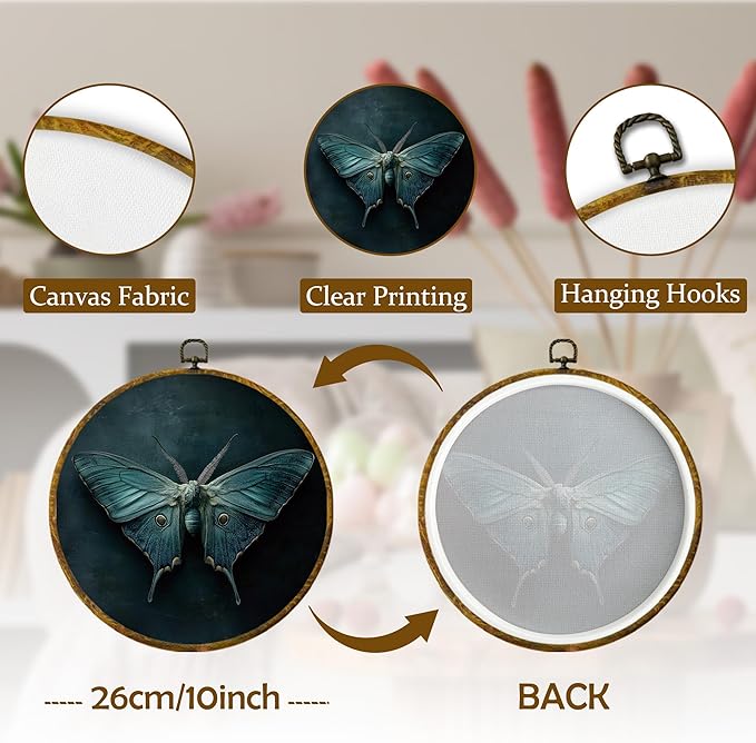 Mcehtle Vintage Butterfly Wall Art Decor, Dark Moody Cottagecore Moth Framed Canvas Prints 10x10, Neutral Farmhouse Round Wall Hanging Artwork Decorations for Home Bedroom Living Room