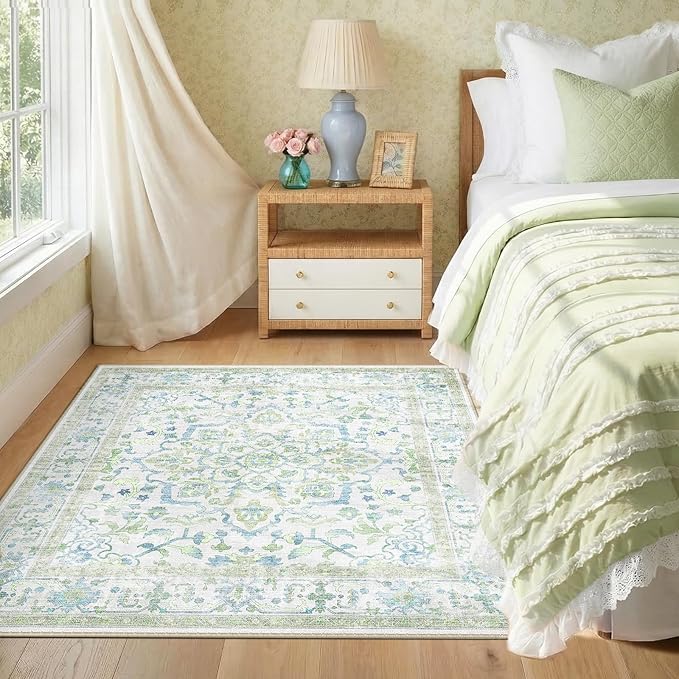 CAPALOCA Machine Washable Rugs Nursery Rug Sq4ft Cute Girl Non Slip Low Pile Water Repellent Soft Print Pattern for Bedroom Indoor Decor Kids Playroom Green Blue