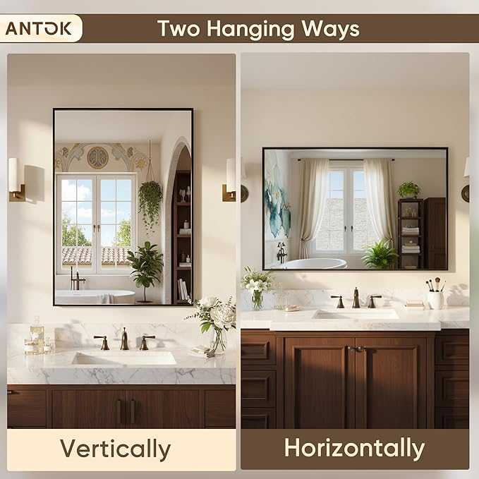 Antok 30x36 Black Metal Framed Bathroom Mirror, Wall Mirror with Rect Corners, Vanity Mirror for Over Sink, Anti-Rust Tempered Glass, Horizontal/Vertical Hanging for Bathroom, Living Room, Entryway