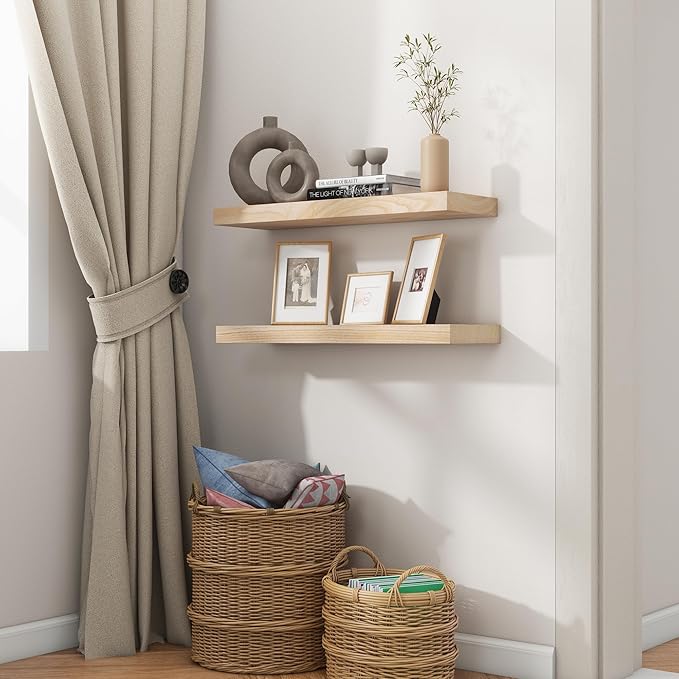 fuqing Natural Wood Floating Shelves | 24 Inch Floating Shelves for Wall Set of 2 | 24" W x 6.7" D x 1.4" H Natural Wooden Shelves for Bathroom Living Room Bedroom Kitchen