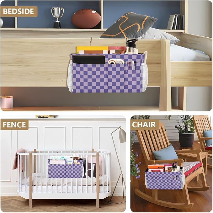 Purple Checkerboard Print Bedside Caddy Storage Bag Bedside Organizer for Bunk Bed Headboards College Organizer Caddy Hanging Shelf 6 Pockets with Hooks for Drinks Magazine Phone Holder