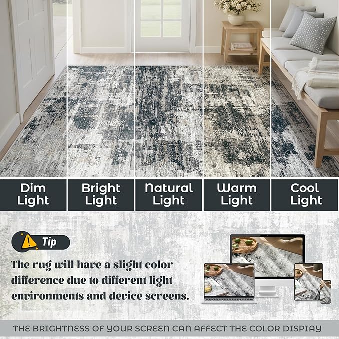XLUEZ 9x12 Area Rug for Living Room, Washable Modern Abstract Large Area Rug Neutral Soft Non Slip Kids Rug Stain Resistant Indoor Carpet for Bedroom Dining Room Playroom Office(BlackGrey, 9'x12')