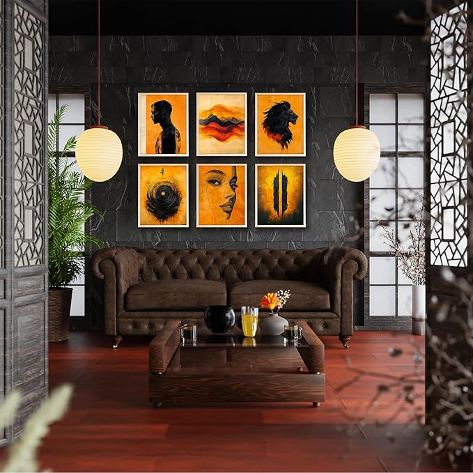 Eastern Print Set of 6 Abstract Masculine Wall Art Prints β Bold Orange & Black Lion, Silhouette, Face Line Posters β Modern Unframed 8x10 Decor for Menβs Room, Office, Man Cave or Creative Studio