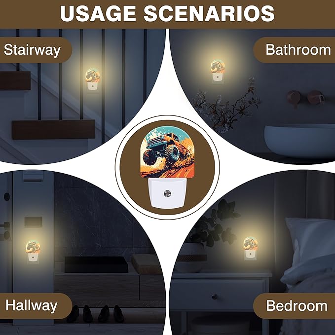 Night Lights Plug into Wall Cartoon Monster Truck Night Light Dusk to Dawn Smart Sensor Decorative Round Led Lamp for Bedroom Kitchen Hallway Nightlight for Women Men
