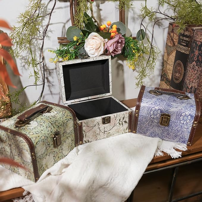 Vintage Decorative Storage Box with Handle, Retro Floral William Morris Keepsake Organizer Chest for Jewelry, Trinkets, Gift Packaging and Home Decor, 7 x 5.6 x 4.7 Inch