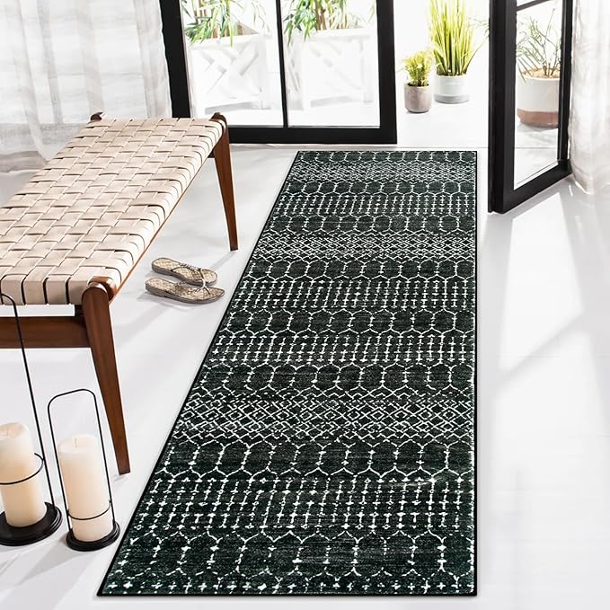 Lahome Moroccan Runner Rugs for Hallway 2x10, Long Kitchen Rugs Runner Washable Ultra-Thin Non Slip Carpet, Soft Modern Geometric Print Carpet for Entryway Stair (Black, 2'x10') Hana