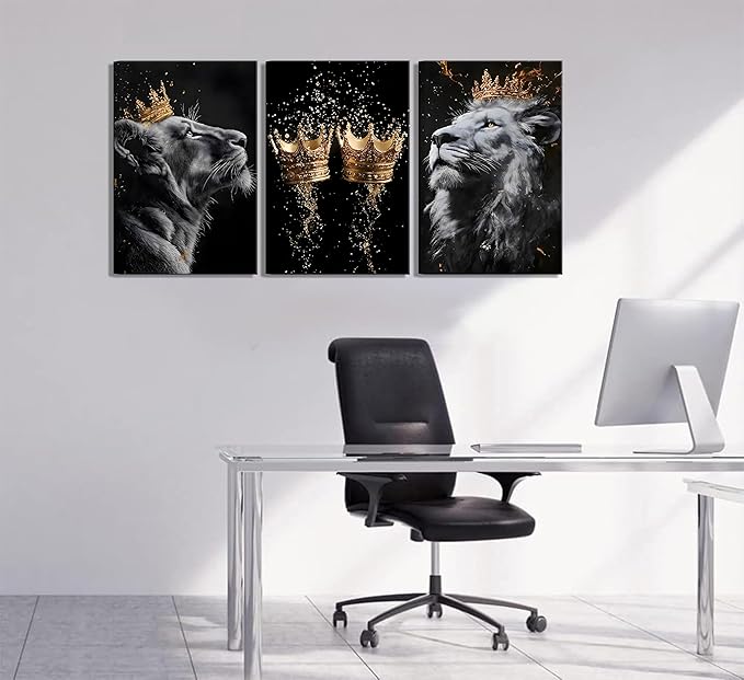 3 Pieces Framed Lion Canvas Wall Art Golden crown with lion Poster print Modern Motivational Black And White Lion Pictures Wall Decor for Living room Office Decoration