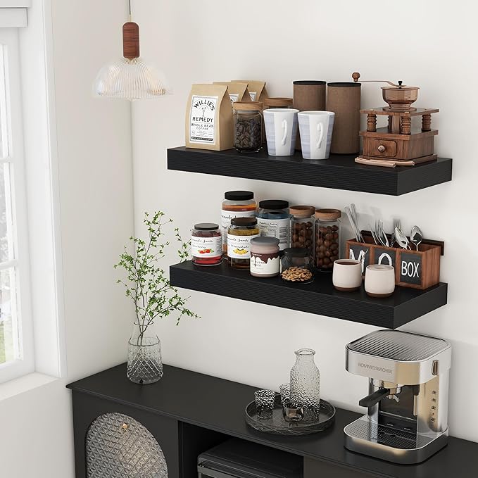 FLYJOE 30 Inch Floating Shelves | 12 Inch Deep Black Floating Shelves Set of 2 | 30" W x 12" D Rustic Wood Shelves for Wall | Deep Black Shelves for Living Room Bathroom Laundry Room Kitchen