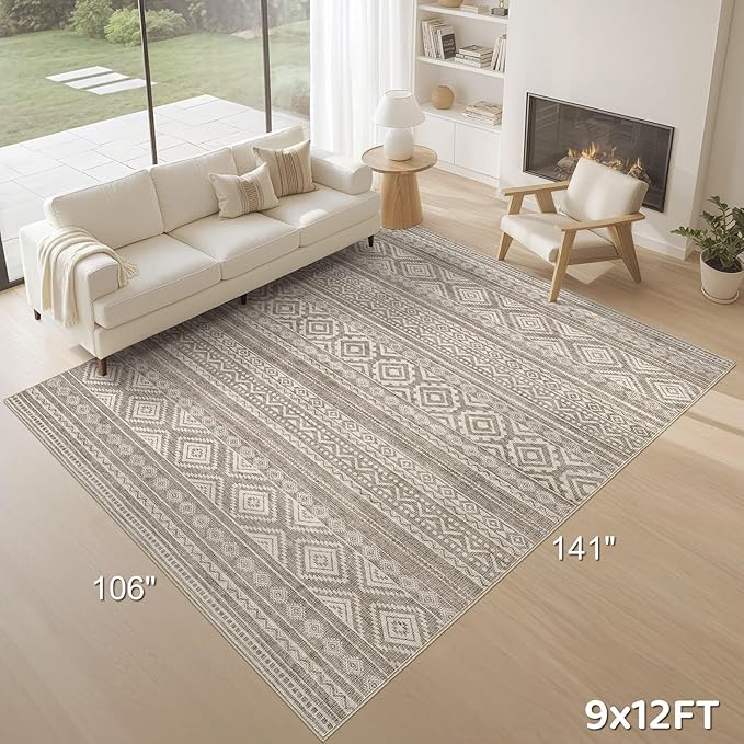 cotiled 9x12 Area Rug Living Room: Washable Boho Rugs with Non Slip Backing Large Soft Indoor Stain Resistant Carpet for Bedroom Farmhouse Dining Room Lightweight Home Decor Coffee Brown