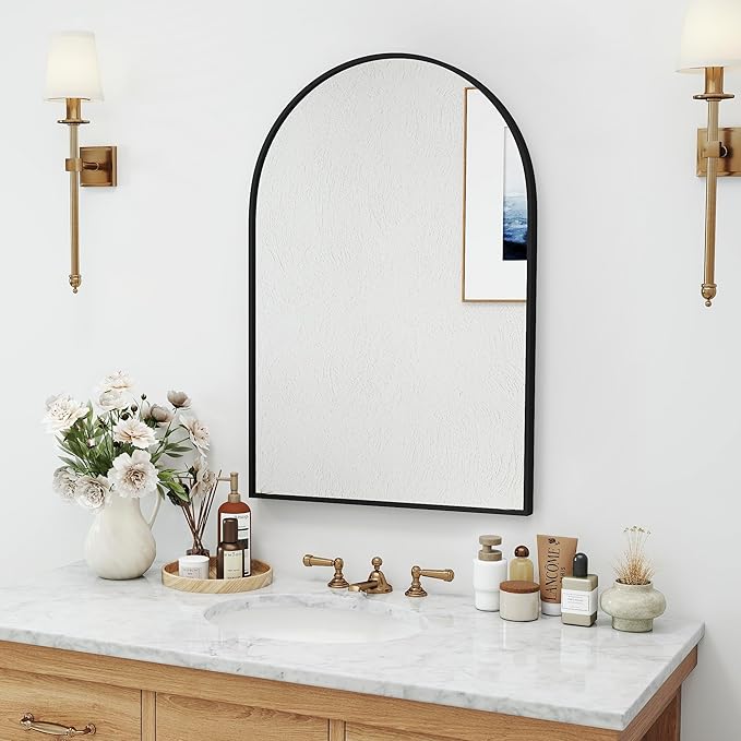 SCWF-GZ 30x20 Arch Mirror Rectangle Wall Mounted Hanging or Against Wall Aluminum Alloy Metal Frame Dressing Make-up Mirrors for Entryway Bedroom Bathroom Living Room 30 20 inch Black