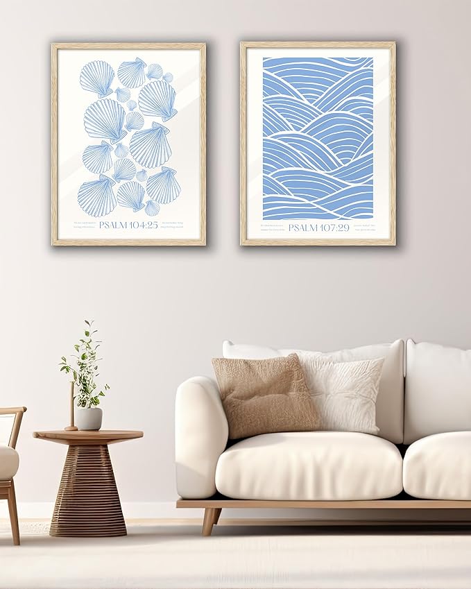 EcoHest Christian Bible Verse Framed Wall Art, 12x16 in OAK Wood Trendy Seashell Nautical Scripture Quote Canvas Wall Art, Psalm 104:25 Home Decor, Beige Logs Set of 1 for Bedroom Living Room
