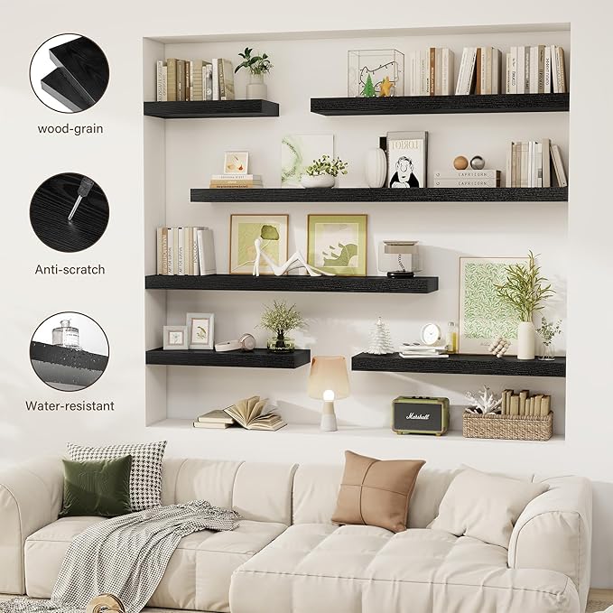 Acovy 36 Inch Floating Shelves, 12" Deep Floating Shelf Wall Mounted, 36" Wall Shelves, Rustic Deep Bookshelf, Extra Deeper & Thicker Display Shelves for Bedroom, Living Room, Black, Set of 2
