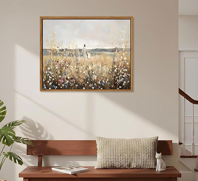 Framed Jesus Canvas Wall Art Jesus and Little Girl Walking in Flower Field Painting Pictures Christian Wildflowers Prints Religious Home Wall Decor for Living Room Bedroom Office Church